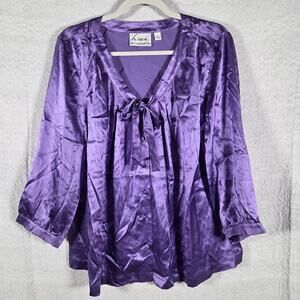 Linea by Louis Dell'Olio Silk Blouse Women L Purple Bow Tie Neck Satin Luxury